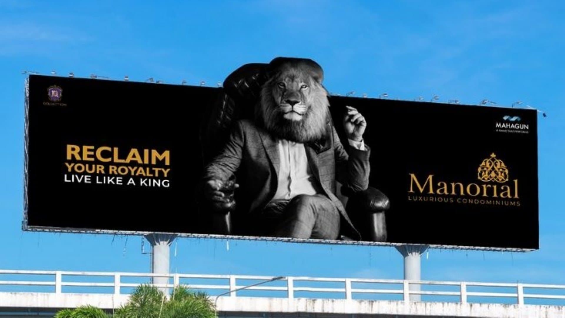 Mahagun Manorial hoarding with a lion