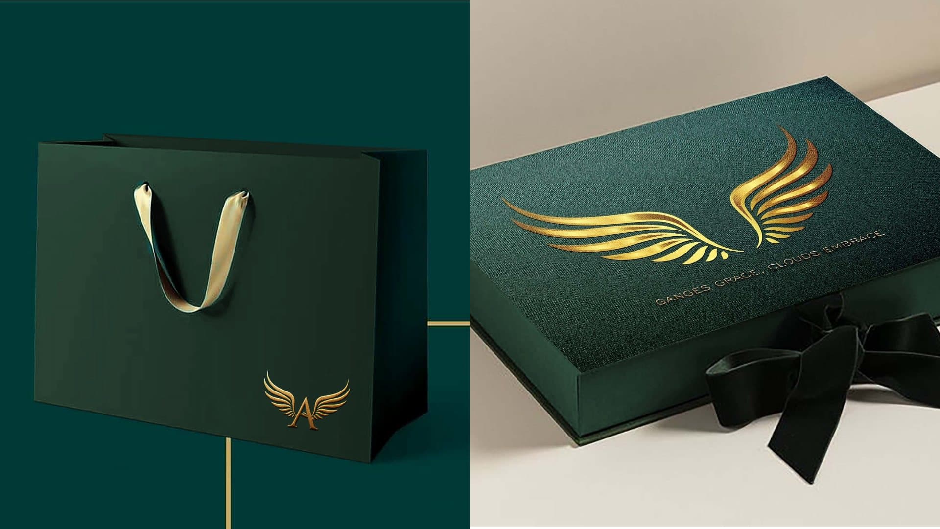 Atmosphere green bag and box with gold wings