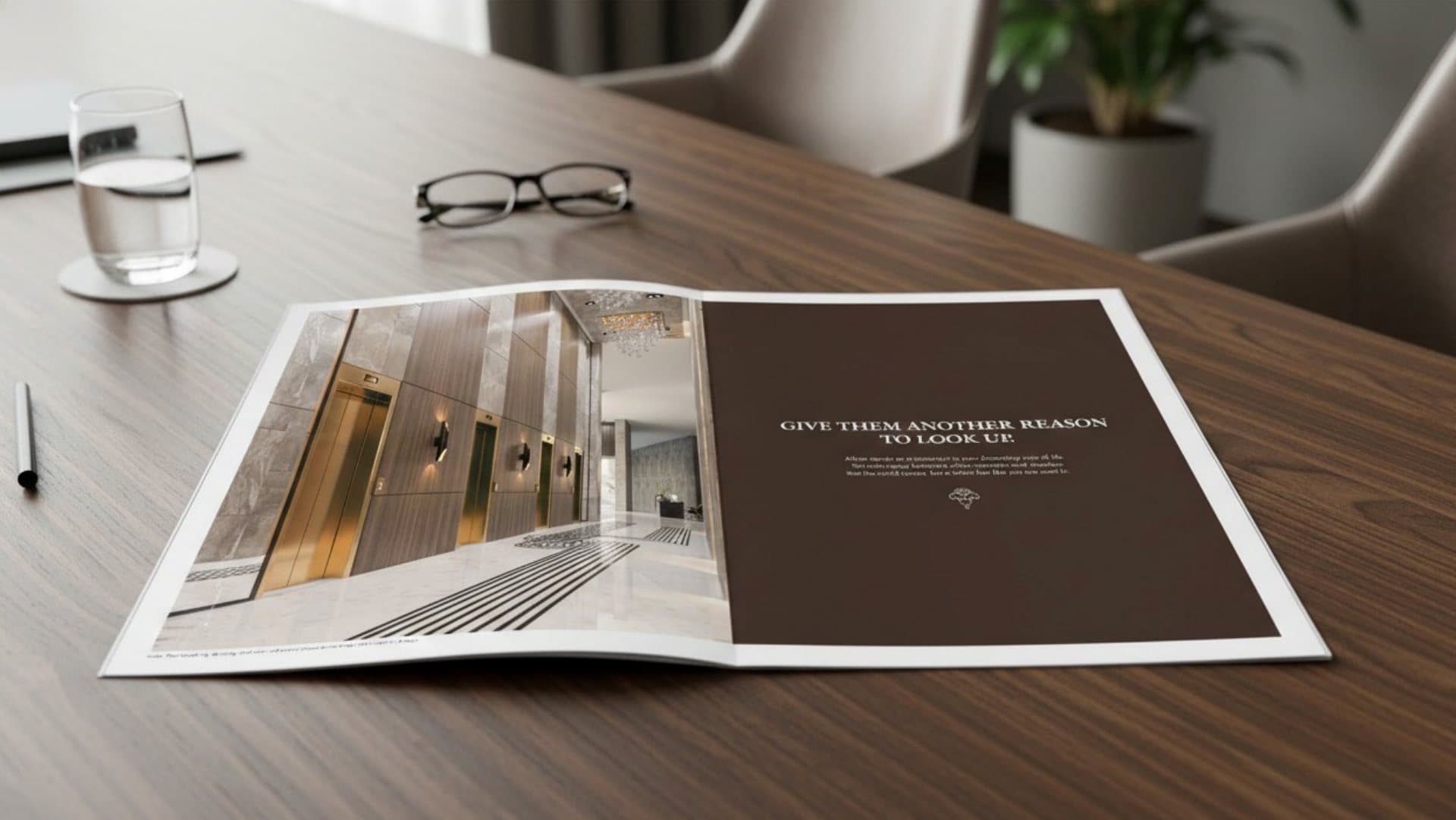 Open brochure spread on a desk