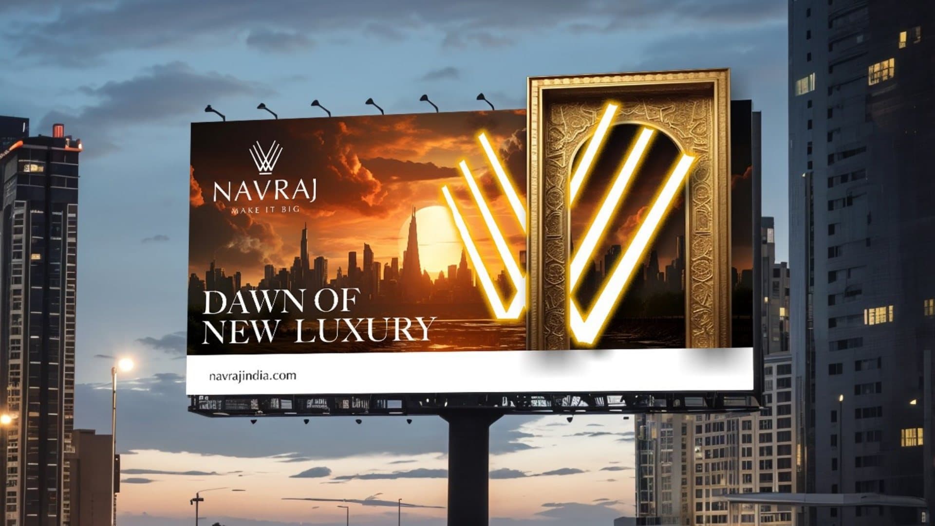 Navraj Dawn of New Luxury hoarding with a glowing gold W against a dusk skyline