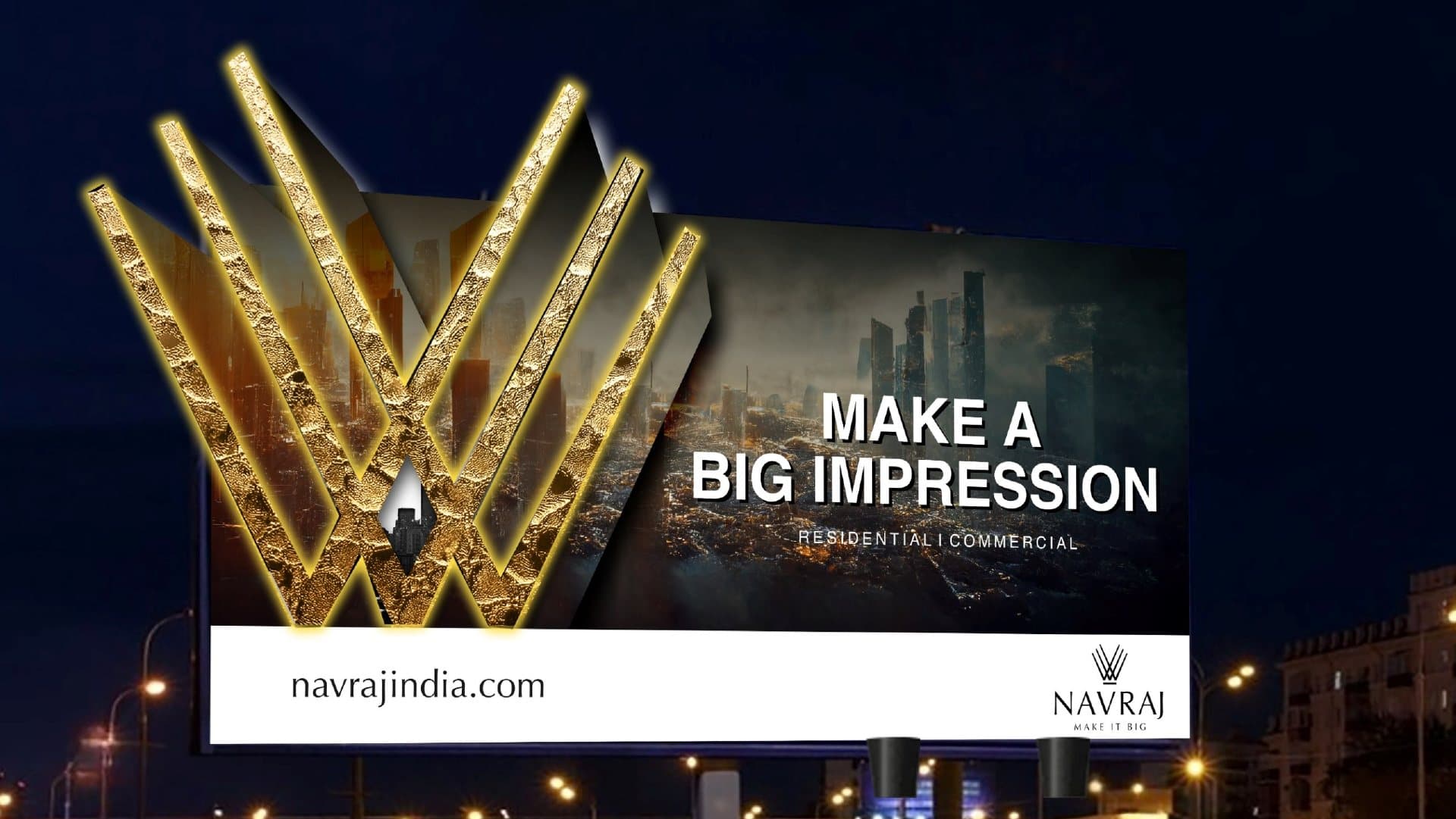Night hoarding with a giant three-dimensional gold W beside the line Make a Big Impression