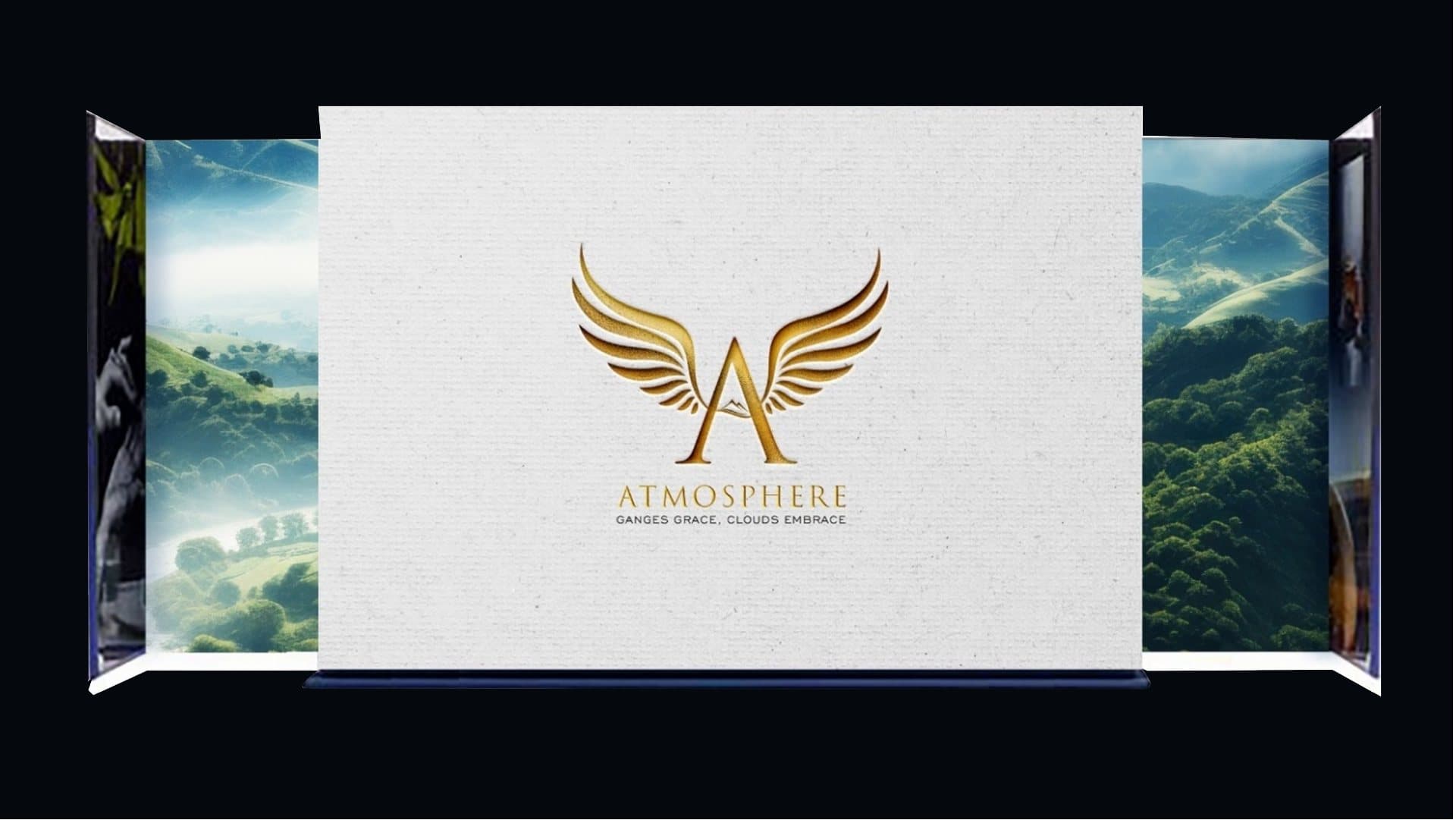 Atmosphere brochure cover with the winged A between landscape panels