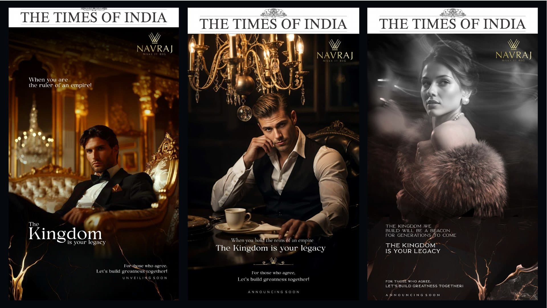 Three Navraj press advertisements in The Times of India with the line The Kingdom is your legacy